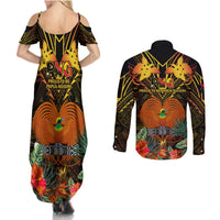 Papua New Guinea Central Province Couples Matching Summer Maxi Dress and Long Sleeve Button Shirts Papua Niugini Coat Of Arms With Flag Style LT14 - Polynesian Pride