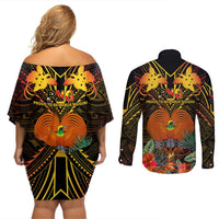 Papua New Guinea Chimbu Province Couples Matching Off Shoulder Short Dress and Long Sleeve Button Shirts Papua Niugini Coat Of Arms With Flag Style LT14 - Polynesian Pride