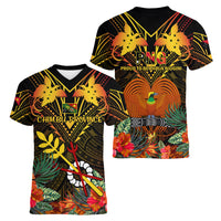 Papua New Guinea Chimbu Province Women V Neck T Shirt Papua Niugini Coat Of Arms With Flag Style LT14 - Polynesian Pride