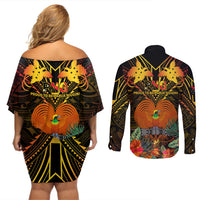 Papua New Guinea Western Province Couples Matching Off Shoulder Short Dress and Long Sleeve Button Shirts Papua Niugini Coat Of Arms With Flag Style LT14 - Polynesian Pride