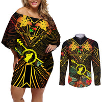 Papua New Guinea Southern Highlands Province Couples Matching Off Shoulder Short Dress and Long Sleeve Button Shirts Papua Niugini Coat Of Arms With Flag Style LT14 Black - Polynesian Pride