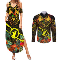 Papua New Guinea Southern Highlands Province Couples Matching Summer Maxi Dress and Long Sleeve Button Shirts Papua Niugini Coat Of Arms With Flag Style LT14 Black - Polynesian Pride