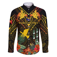 Papua New Guinea Manus Province Family Matching Puletasi Dress and Hawaiian Shirt Papua Niugini Coat Of Arms With Flag Style LT14 Dad's Shirt - Long Sleeve Black - Polynesian Pride