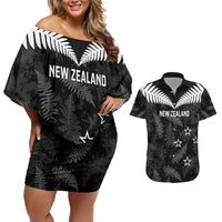 Custom New Zealand Silver Fern Football Couples Matching Off Shoulder Short Dress and Hawaiian Shirt Go Aotearoa Grunge Black - Polynesian Pride