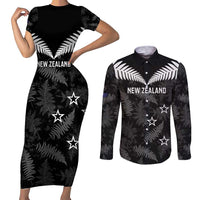 Custom New Zealand Silver Fern Football Couples Matching Short Sleeve Bodycon Dress and Long Sleeve Button Shirt Go Aotearoa Grunge Black - Polynesian Pride