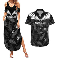 Custom New Zealand Silver Fern Football Couples Matching Summer Maxi Dress and Hawaiian Shirt Go Aotearoa Grunge Black - Polynesian Pride