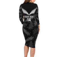Custom New Zealand Silver Fern Football Family Matching Long Sleeve Bodycon Dress and Hawaiian Shirt Go Aotearoa Grunge Black - Polynesian Pride