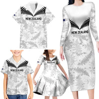 Custom New Zealand Silver Fern Football Family Matching Long Sleeve Bodycon Dress and Hawaiian Shirt Go Aotearoa Grunge White - Polynesian Pride