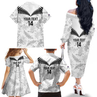 Custom New Zealand Silver Fern Football Family Matching Off The Shoulder Long Sleeve Dress and Hawaiian Shirt Go Aotearoa Grunge White - Polynesian Pride