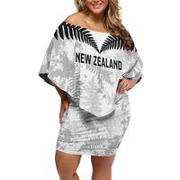 Custom New Zealand Silver Fern Football Off Shoulder Short Dress Go Aotearoa Grunge White - Polynesian Pride
