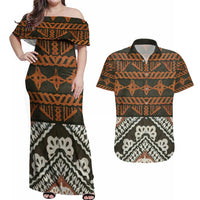 Bula Fiji Tapa Couples Matching Off Shoulder Maxi Dress and Hawaiian Shirt Fijian Masi Vintage Vibes - Polynesian Pride