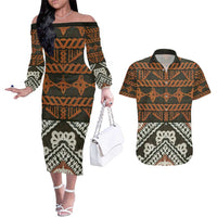 Bula Fiji Tapa Couples Matching Off The Shoulder Long Sleeve Dress and Hawaiian Shirt Fijian Masi Vintage Vibes - Polynesian Pride