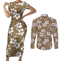 Kuvui Bula Fiji Couples Matching Short Sleeve Bodycon Dress and Long Sleeve Button Shirt Fijian Tapa Seamless Hibiscus - Polynesian Pride