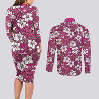 Piqi Bula Fiji Couples Matching Long Sleeve Bodycon Dress and Long Sleeve Button Shirt Fijian Tapa Seamless Hibiscus - Polynesian Pride