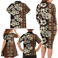 Bula Fiji Masi Family Matching Long Sleeve Bodycon Dress and Hawaiian Shirt Tapa Tropical Hibiscus Half Stylized - Polynesian Pride