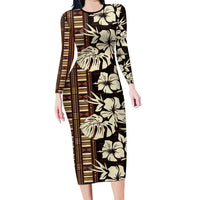 Bula Fiji Masi Long Sleeve Bodycon Dress Tapa Tropical Hibiscus Half Stylized - Polynesian Pride