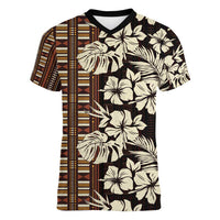 Bula Fiji Masi Women V-Neck T-Shirt Tapa Tropical Hibiscus Half Stylized - Polynesian Pride