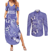 Polynesia Stomach Cancer Awareness Couples Matching Summer Maxi Dress and Long Sleeve Button Shirt Periwinkle Ribbon Brave Strong!