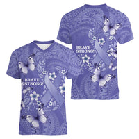 Polynesia Stomach Cancer Awareness Women V-Neck T-Shirt Periwinkle Ribbon Brave Strong! LT14 - Polynesian Pride