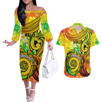 Halo Vanuatu Couples Matching Off The Shoulder Long Sleeve Dress and Hawaiian Shirt Sand Drawing Turtle Polynesian Tropical Flowers LT14 Reggae - Polynesian Pride