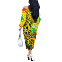 Halo Vanuatu Off The Shoulder Long Sleeve Dress Sand Drawing Turtle Polynesian Tropical Flowers LT14 - Polynesian Pride