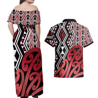 New Zealand Couples Matching Off Shoulder Maxi Dress and Hawaiian Shirt Aotearoa Kowhaiwhai Mix Taniko Art - Red