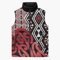 New Zealand Sleeveless Puffer Jacket Aotearoa Kowhaiwhai Mix Taniko Art - Red - Polynesian Pride