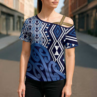 New Zealand Cross Shoulder Shirt Aotearoa Kowhaiwhai Mix Taniko Art - Blue - Polynesian Pride