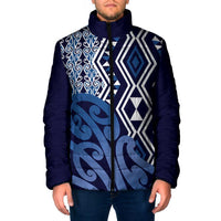 New Zealand Padded Jacket Aotearoa Kowhaiwhai Mix Taniko Art - Blue - Polynesian Pride