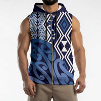 New Zealand Sleeveless Zip Hoodie Aotearoa Kowhaiwhai Mix Taniko Art - Blue - Polynesian Pride