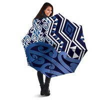 New Zealand Umbrella Aotearoa Kowhaiwhai Mix Taniko Art - Blue - Polynesian Pride