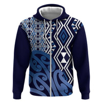 New Zealand Zip Hoodie Aotearoa Kowhaiwhai Mix Taniko Art - Blue