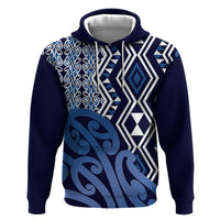 New Zealand Zip Hoodie Aotearoa Kowhaiwhai Mix Taniko Art - Blue