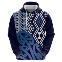 New Zealand Zip Hoodie Aotearoa Kowhaiwhai Mix Taniko Art - Blue