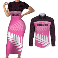 Custom New Zealand Aotearoa Cricket Couples Matching Short Sleeve Bodycon Dress and Long Sleeve Button Shirt Go White Silver Fern LT14 Pink - Polynesian Pride