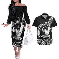 Black Hawaii Ikaika Warrior Couples Matching Off The Shoulder Long Sleeve Dress and Hawaiian Shirt Hawaiian Power