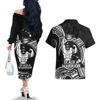 Black Hawaii Ikaika Warrior Couples Matching Off The Shoulder Long Sleeve Dress and Hawaiian Shirt Hawaiian Power