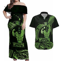 Green Hawaii Ikaika Warrior Couples Matching Off Shoulder Maxi Dress and Hawaiian Shirt Hawaiian Power