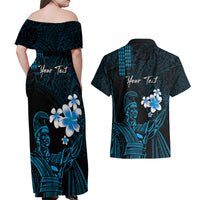 Personalised Hawaii King Kamehameha Day Couples Matching Off Shoulder Maxi Dress and Hawaiian Shirt Plumeria With Kakau Pattern - Blue