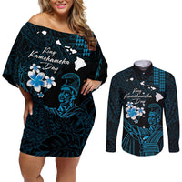 Personalised Hawaii King Kamehameha Day Couples Matching Off Shoulder Short Dress and Long Sleeve Button Shirt Plumeria With Kakau Pattern - Blue LT14 Blue - Polynesian Pride