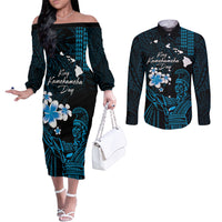 Personalised Hawaii King Kamehameha Day Couples Matching Off The Shoulder Long Sleeve Dress and Long Sleeve Button Shirt Plumeria With Kakau Pattern - Blue