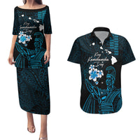 Personalised Hawaii King Kamehameha Day Couples Matching Puletasi and Hawaiian Shirt Plumeria With Kakau Pattern - Blue LT14 Blue - Polynesian Pride