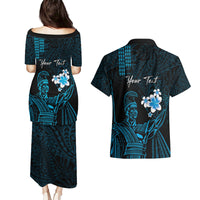 Personalised Hawaii King Kamehameha Day Couples Matching Puletasi and Hawaiian Shirt Plumeria With Kakau Pattern - Blue LT14 - Polynesian Pride