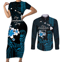Personalised Hawaii King Kamehameha Day Couples Matching Short Sleeve Bodycon Dress and Long Sleeve Button Shirt Plumeria With Kakau Pattern - Blue