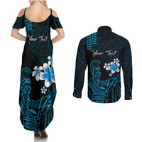 Personalised Hawaii King Kamehameha Day Couples Matching Summer Maxi Dress and Long Sleeve Button Shirt Plumeria With Kakau Pattern - Blue LT14 - Polynesian Pride