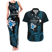 Personalised Hawaii King Kamehameha Day Couples Matching Tank Maxi Dress and Hawaiian Shirt Plumeria With Kakau Pattern - Blue