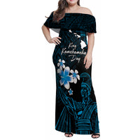 Personalised Hawaii King Kamehameha Day Family Matching Off Shoulder Maxi Dress and Hawaiian Shirt Plumeria With Kakau Pattern - Blue