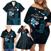 Personalised Hawaii King Kamehameha Day Family Matching Off Shoulder Short Dress and Hawaiian Shirt Plumeria With Kakau Pattern - Blue