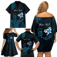 Personalised Hawaii King Kamehameha Day Family Matching Off Shoulder Short Dress and Hawaiian Shirt Plumeria With Kakau Pattern - Blue