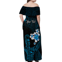 Personalised Hawaii King Kamehameha Day Off Shoulder Maxi Dress Plumeria With Kakau Pattern - Blue